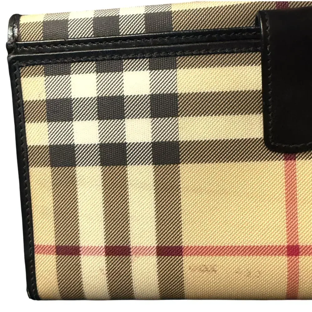 Authentic Burberry Nova Check Continental Long Wallet Black Leather Trim Luxury